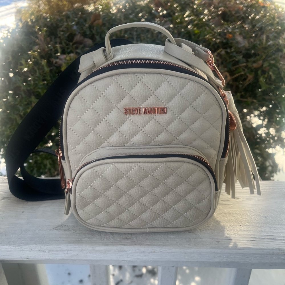 Steve Madden Beige Quilted Mini Backpack with Rose Gold Accents